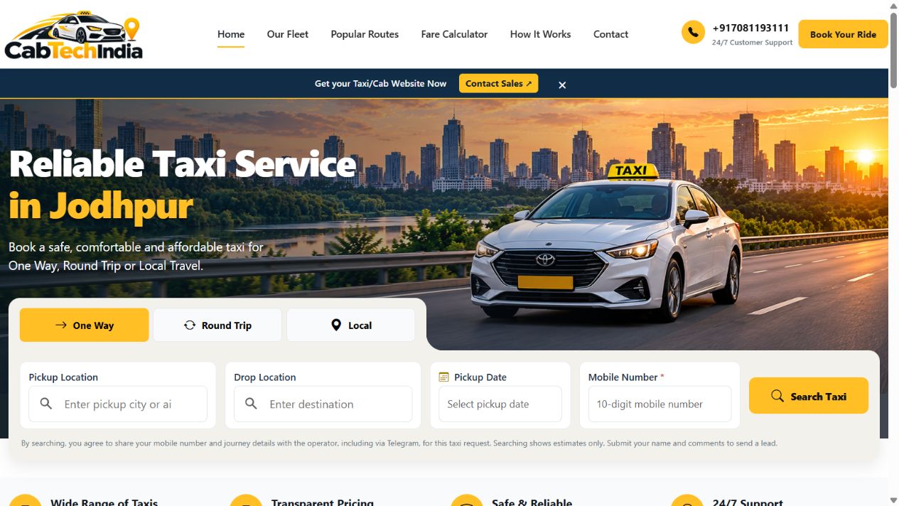 CabTech taxi website with trip enquiry and vehicle categories