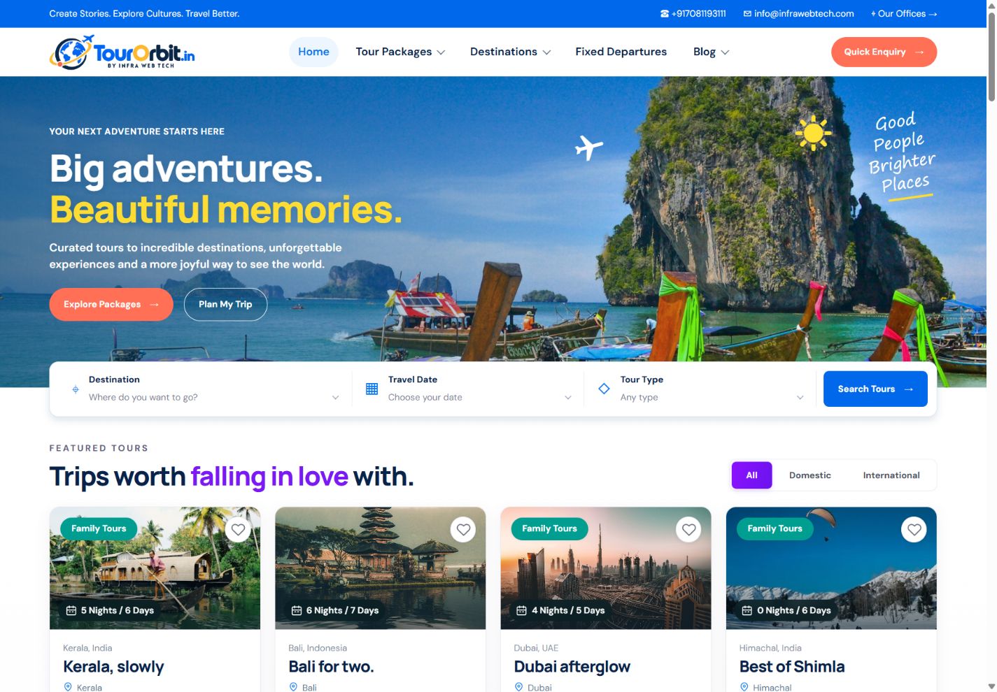 TourOrbit travel website with destination search and tour packages